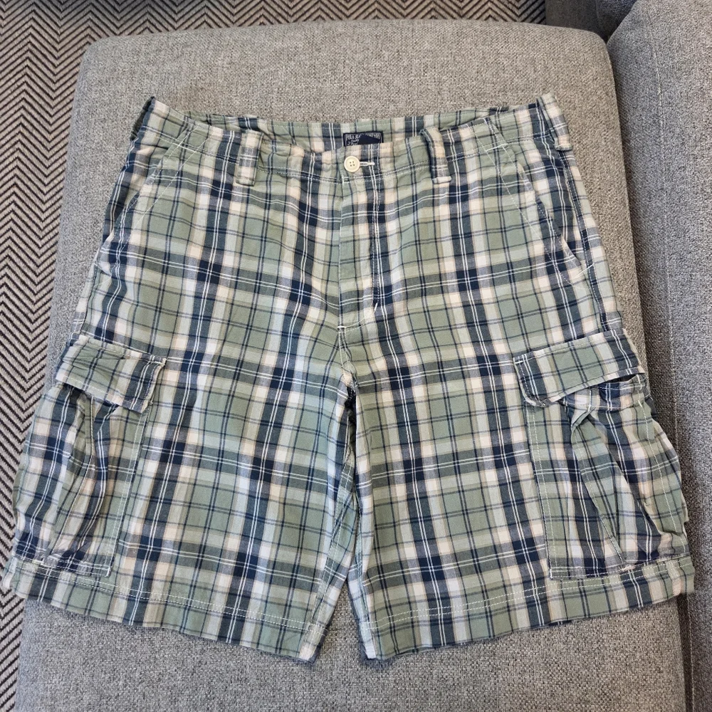 VTG Polo Jeans Company Ralph Lauren Green & Blue Plaid Cargo Shorts 40x11